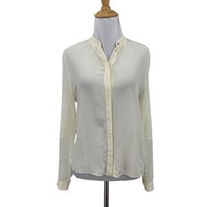 Allsaints Blouse Womens 0 Ivory Silk Sheer Hidden Button Long Sleeve Pleat Back